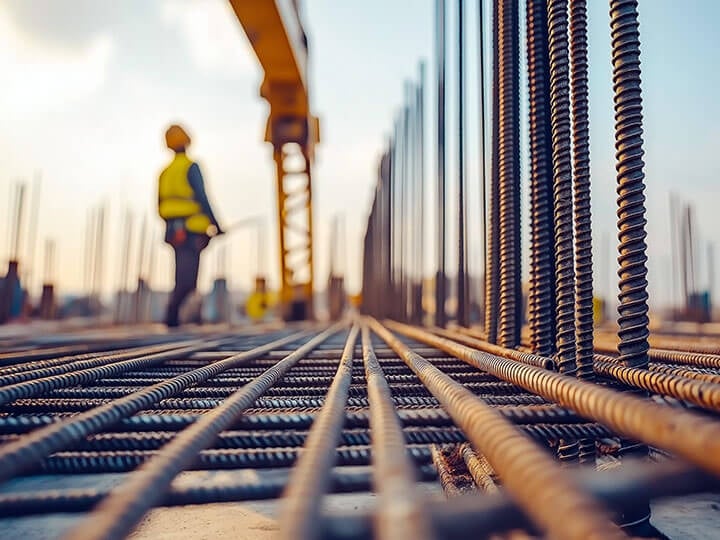 Close up view of construction site with structural steel reinforcement bars and worker in the background